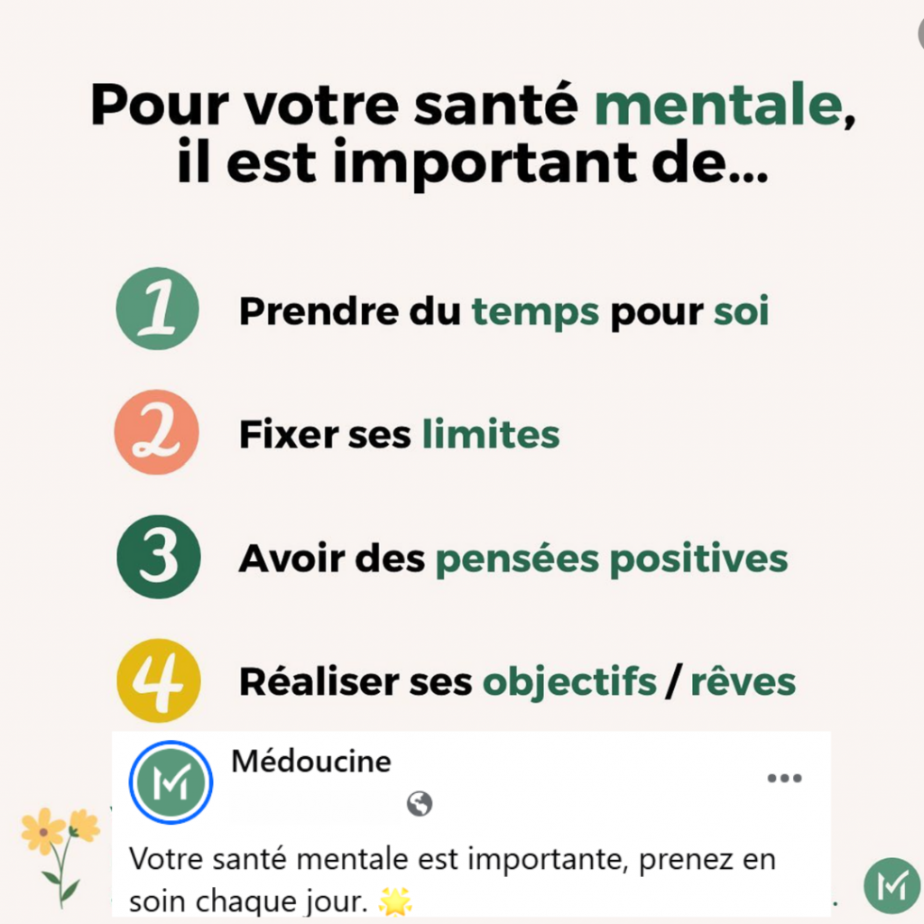 Image réseaux sociaux Facebook sur le bien-être et la santé mentale, sujet de santé publique majeur.